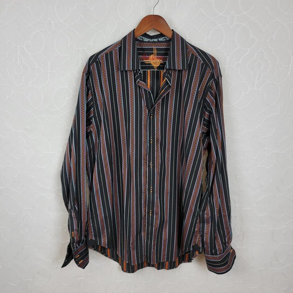 Robert Graham Mens Shirt Size XL Black Orange Button Down Striped Flip Cuff - Picture 12 of 16